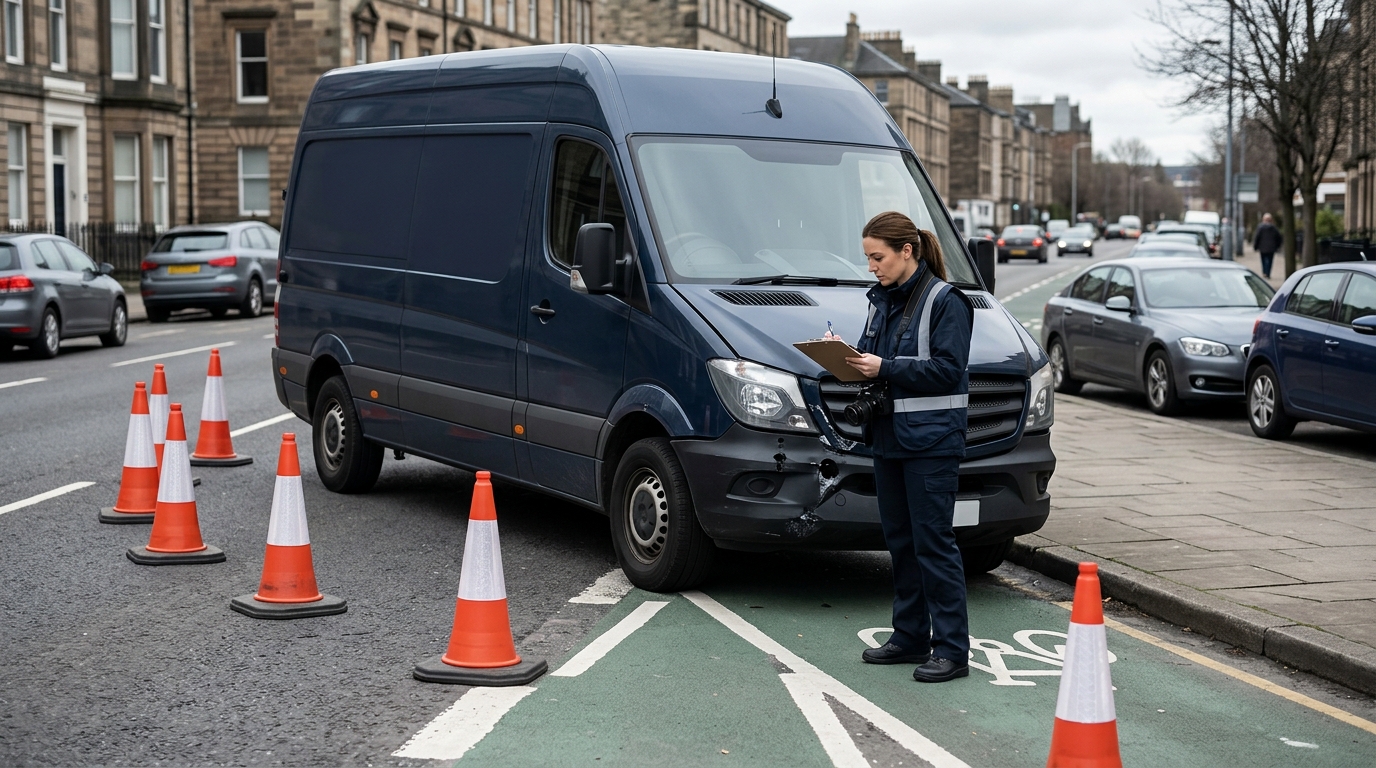 Delivery van accident investigation near curb bike lane and parked vehicles