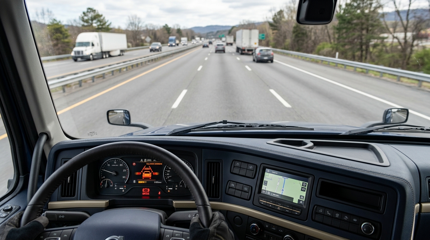 Heavy truck dashboard showing forward collision warning and braking system