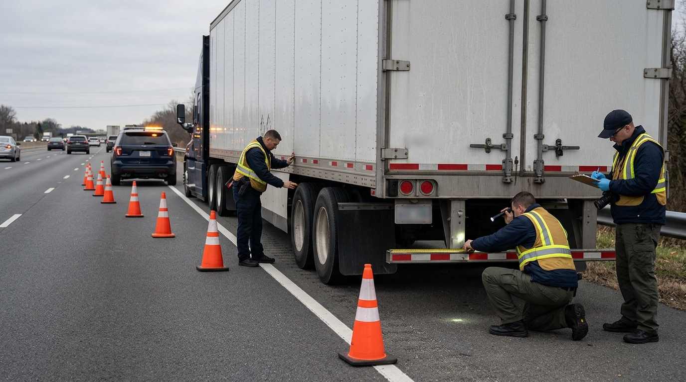 Investigators examining semi-truck trailer guard after underride crash