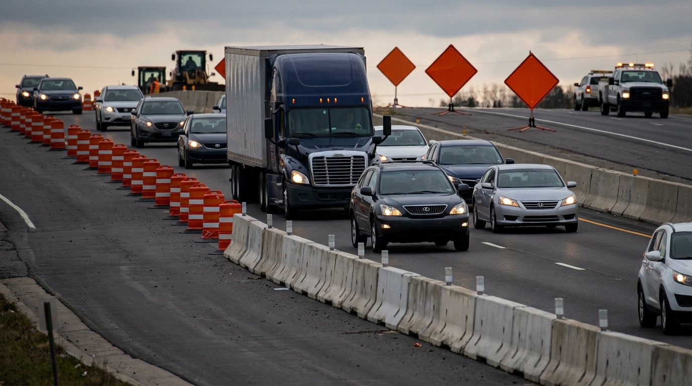 Semi-truck approaching a lane merge in a highway construction zone