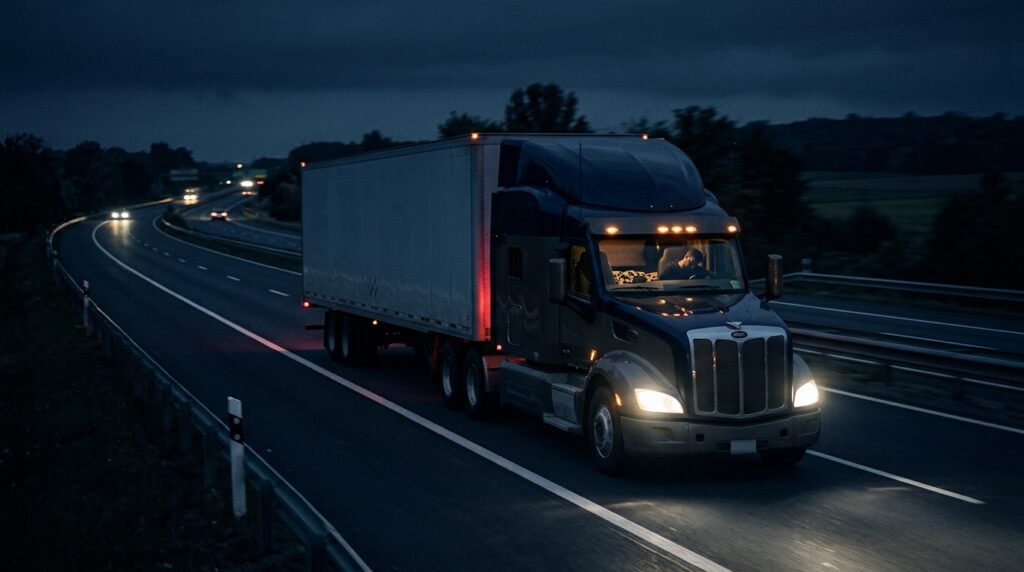 Semi-truck driving at night representing truck driver fatigue risks