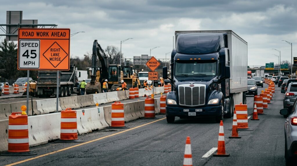 Semi-truck driving through highway construction work zone with lane merge signs