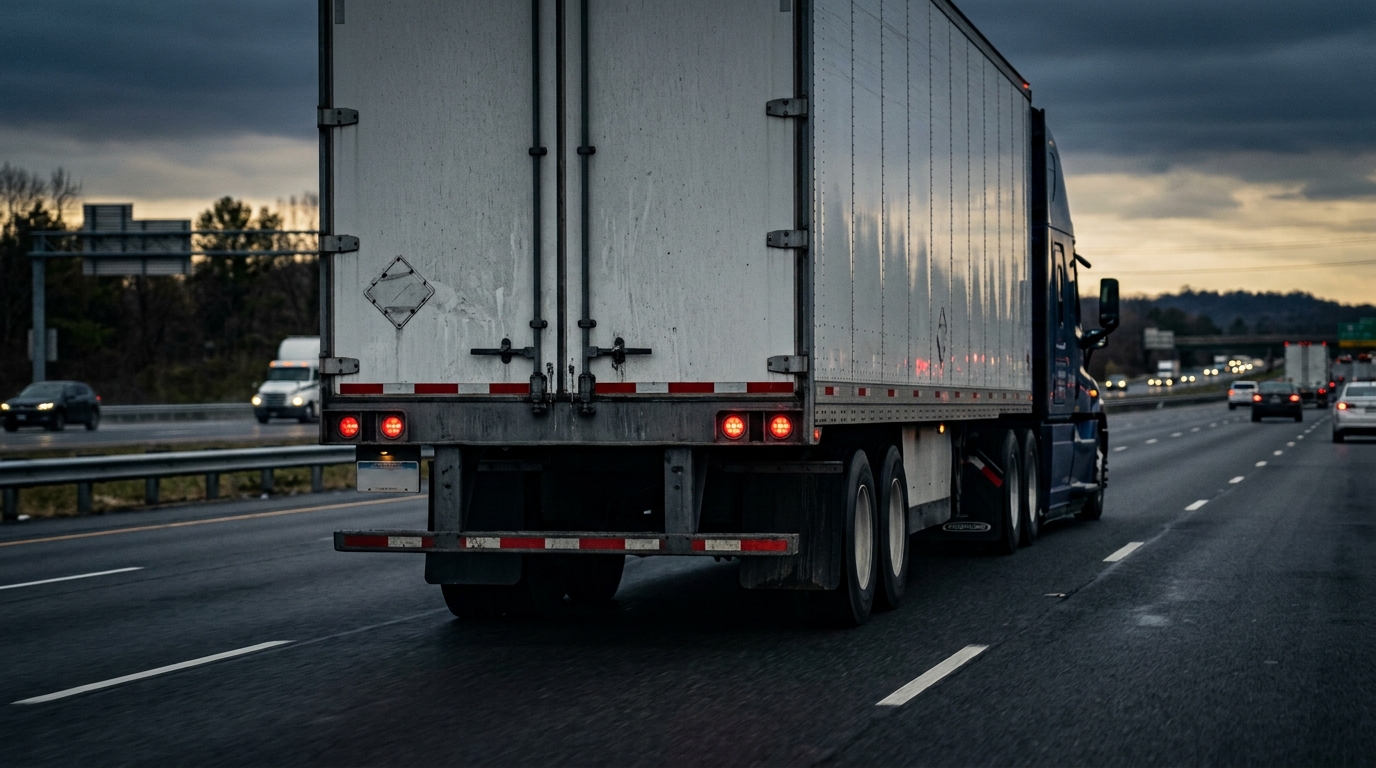 Semi-truck trailer with rear underride guard on highway