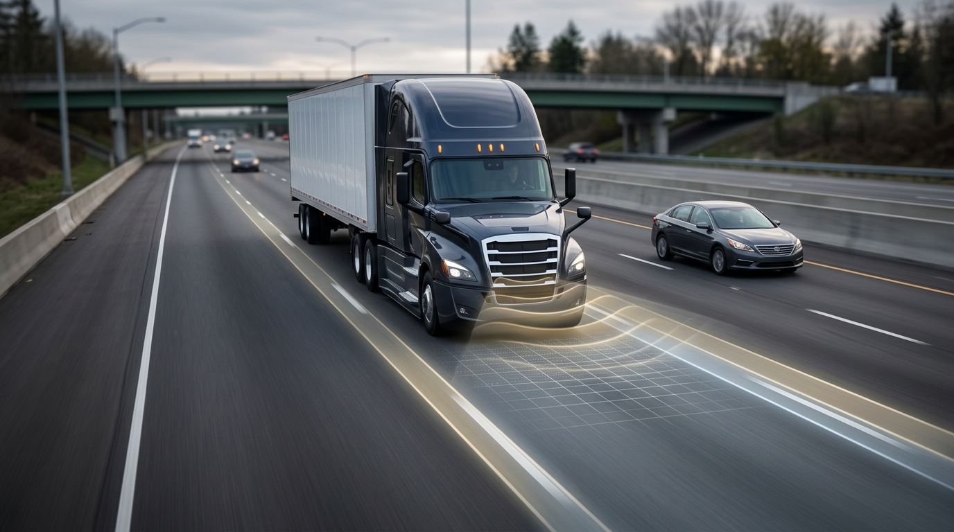 Semi-truck with automatic emergency braking sensors on a highway