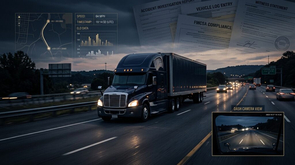 Semi-truck with digital evidence overlays for truck accident investigation