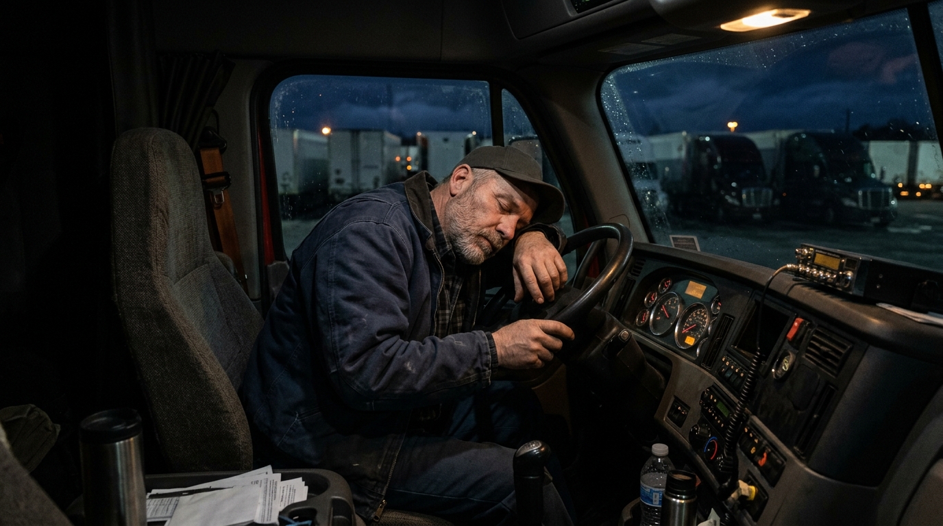 Tired truck driver resting in cab during required break period