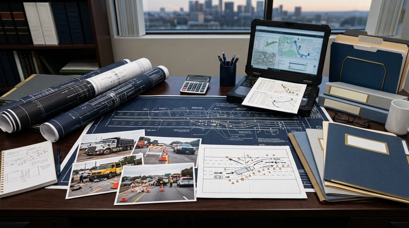 Work zone truck accident evidence with construction plans and driver records